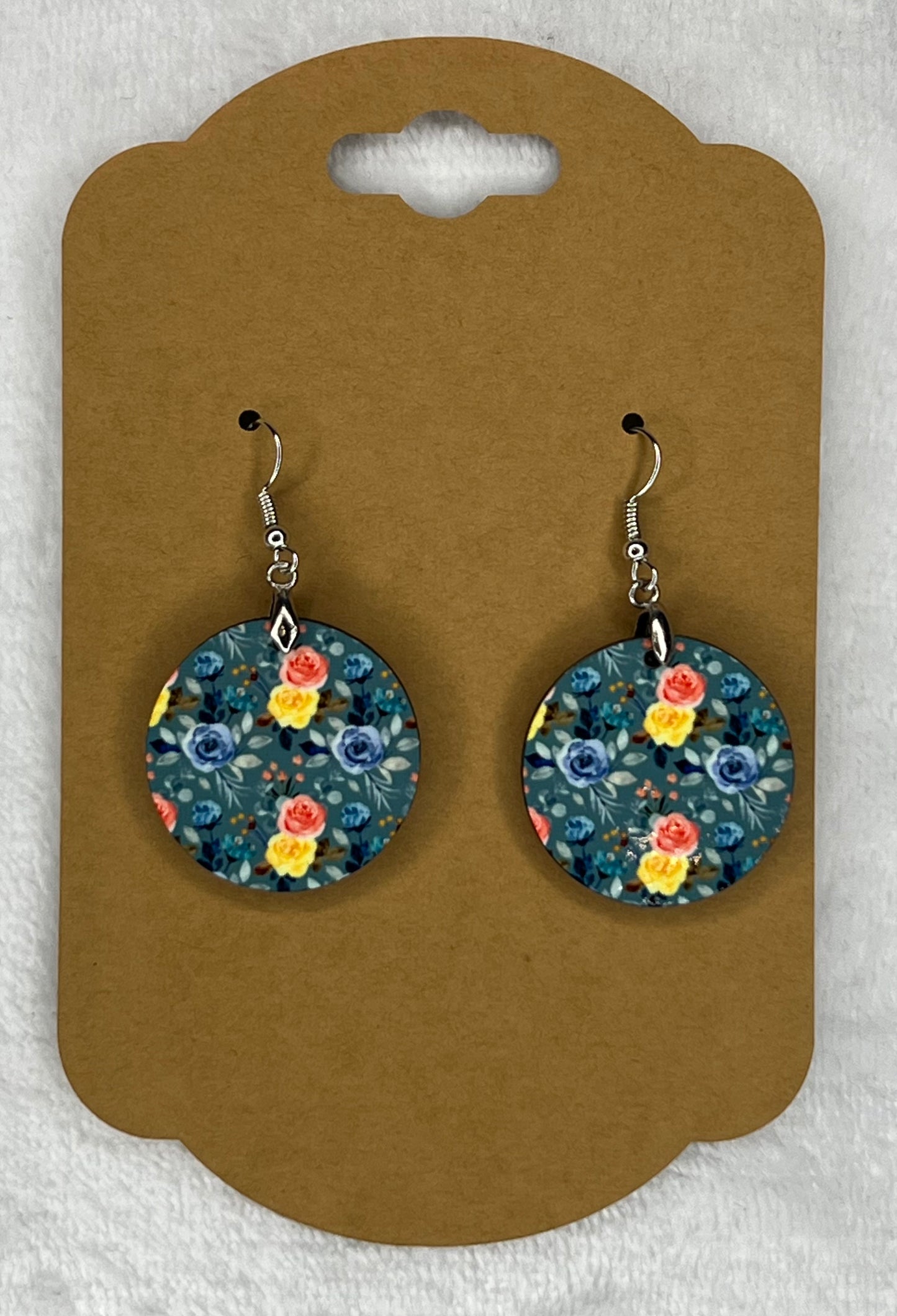 Teal Flowered Round Earrings