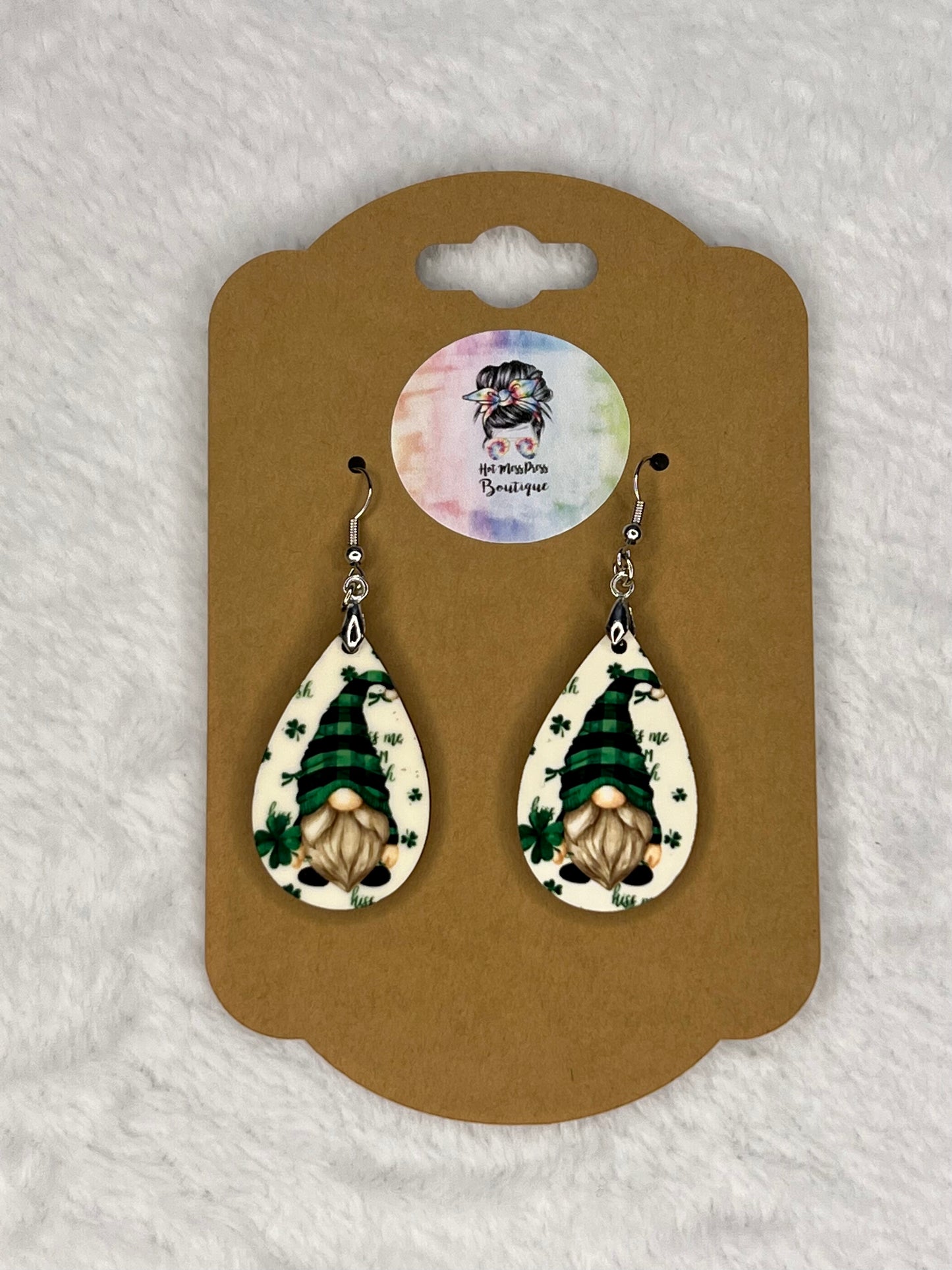 St. Patrick's Day Gnomes White Earrings