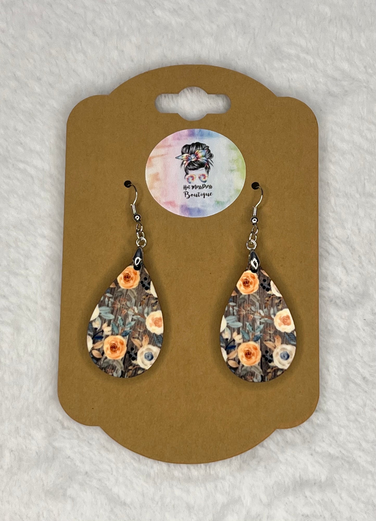 Yellow Aqua Flower Wood Earrings