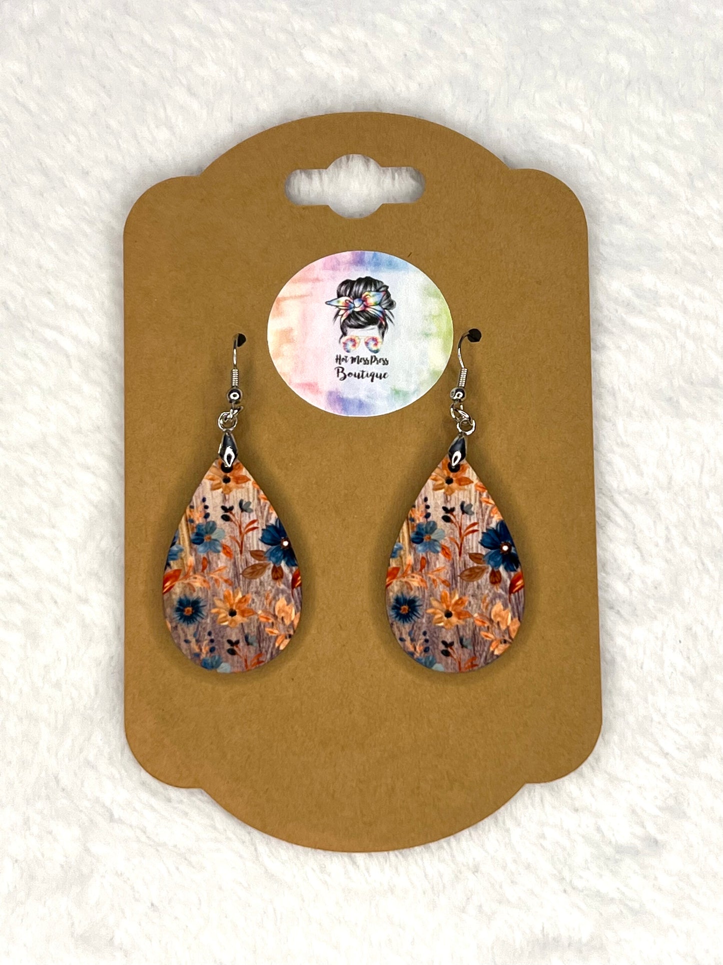 Navy Flower Wood Earrings