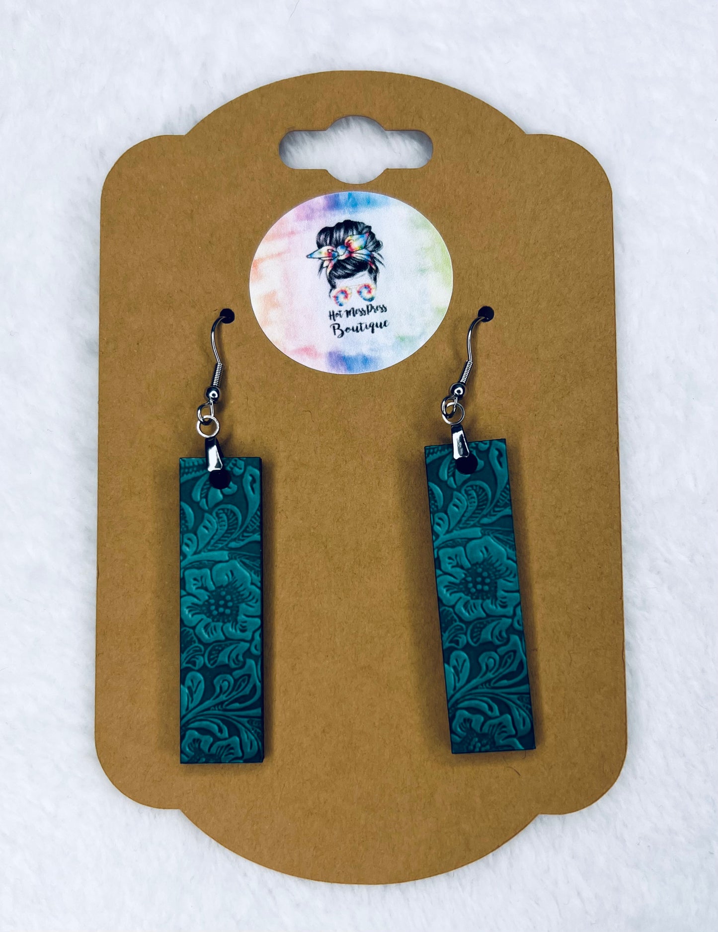 Embossed Teal Lather Bar Earrings